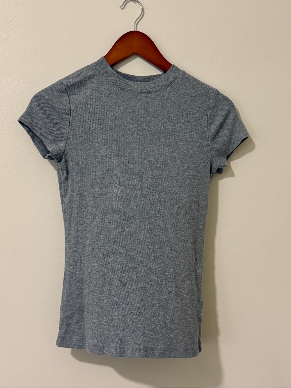 A New Day Top Small Gray Ribbed Knit Mock Neck Fitted Short Sleeve
